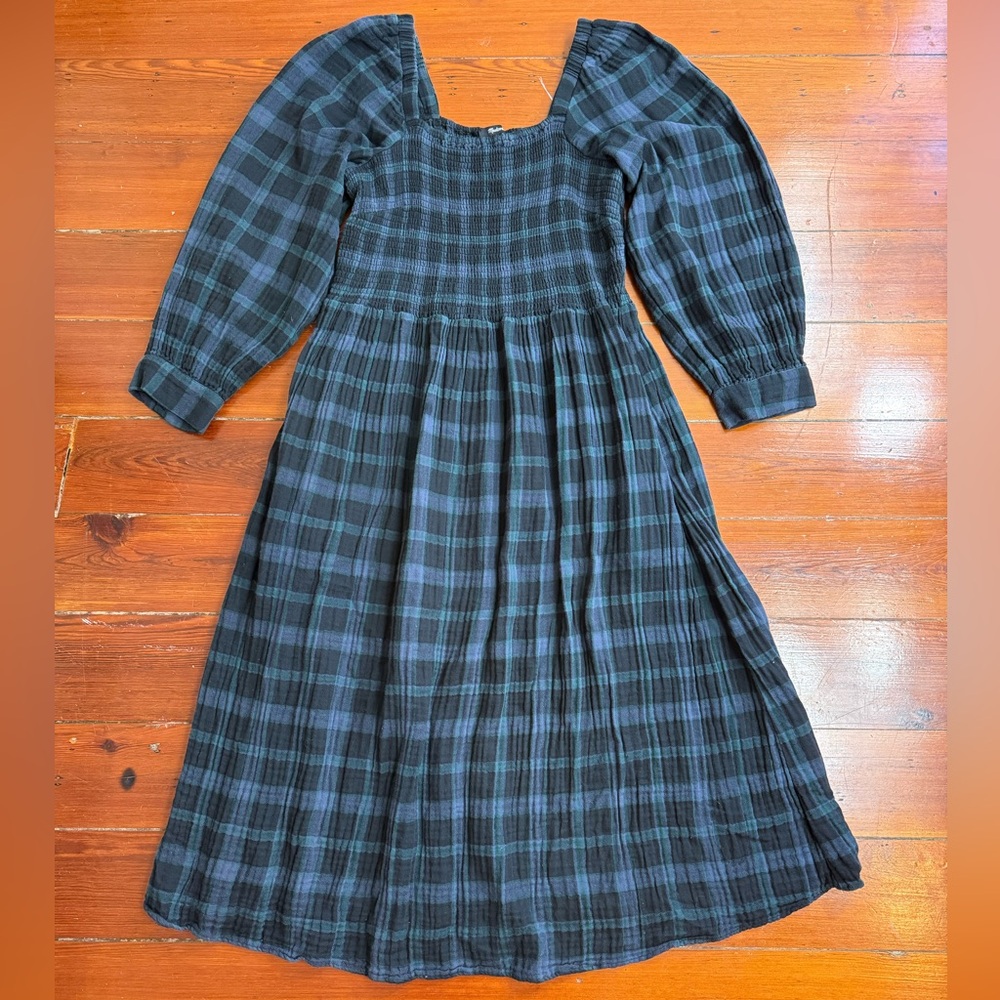 Madewell 100% Cotton Lightspun Long Sleeve Smocked Midi Plaid Dress Sz 2X 💚🍄 - Picture 8 of 12